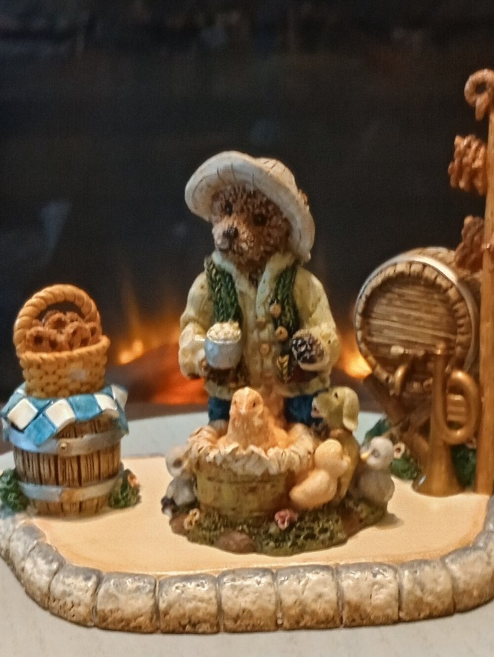 Market Place Bear Figurine with Chicks and Basket - Beige, Green, Blue Accents